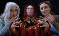 breasts giantess white_hair brunette smiling red_hair queen shrunken_man laughing giantesses dangle magic necklace boomgts looking_at_tiny digital_render game_of_thrones daenerys_targaryen sansa_stark melisandre jon_snow