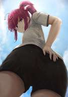 butt blue_eyes low_angle pink_hair red_hair ponytail shorts shirt student point_of_view looking_back uru hand_on_ass smirking bead