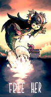 drawing gentle giantess color long_hair water ocean blue_hair smiling unknown_artist outdoors sunset waving source_needed green_skin looking_at_tiny leaping giga_mermaid shantae_half-genie_hero