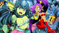 breasts drawing giantess color large_breasts long_hair cleavage purple_hair red_eyes blue_hair angry outdoors chains green_skin shantae electricity lock seashell_bra giga_mermaid shantae_half-genie_hero