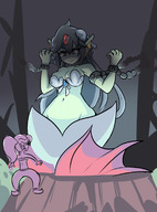 drawing giantess color long_hair red_eyes blue_hair angry low_angle outdoors chains green_skin looking_at_tiny shantae giga_mermaid shantae_half-genie_hero low_light