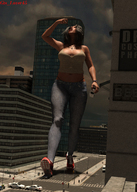 breasts giantess vore city mega black_hair clothed handheld cleavage buildings jeans shoes thong foot_crush walking dark_skin top police_cars digital_render giantess_lover45