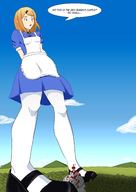 breasts drawing giantess blushing mega blonde color clothed castle low_angle short_hair legs looking_down alice_in_wonderland point_of_view thigh_highs dialogue white_socks dagashi_kashi catart18 endou_saya