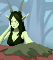 drawing color large_breasts long_hair claws cleavage green_hair unaware shrunken_people green_skin pointed_ears giantwaifus