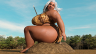 white_hair long_hair butt_crush huge_breasts mini_giantess sitting looking_down dark_skin outdoors looking_back big_butt spear thick_thighs digital_render galiagan