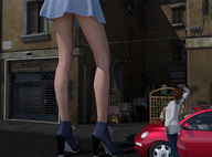 gentle giantess clothed skirt high_heels street standing vehicles runswithferrets alley restaurant digital_render onlooker