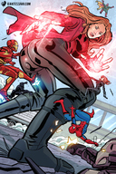 breasts drawing giantess mega color long_hair butt armor robot destruction clothed gun red_hair fighting avengers magic airport jacket costume cape giantessfan jumpsuit iron_man cracked_pavement black_widow spider-man marvel_comics scarlet_witch vision war_machine black_panther