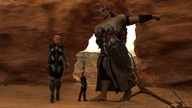 giantess armor barefoot purple_hair desert pink_hair dress mini_giantess lake green_skin digital_render