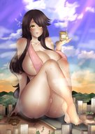 drawing giantess city color butt barefoot cleavage huge_breasts brunette skimpy_clothing powerplant