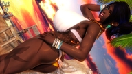 bikini black_hair beach ponytail shrunken_man dark_skin chair bracelet