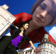 breasts giantess city black_hair jeans brunette multiple_sizes looming giantesses jacket point_of_view necklace jetslasher looking_at_tiny water_tower digital_render