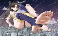 drawing giantess feet city mega color destruction barefoot red_eyes brunette sitting foot_crush night fate/grand_order fate_(series) miaokong ishtar