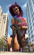 breasts giantess giga city mega clothed high_heels jeans low_angle multiple_sizes street giantesses point_of_view hands_on_hips digital_render marshgts