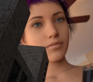 city blue_eyes purple_hair low_angle short_hair indoors ceiling_fan digital_render giantessabbie