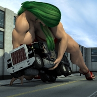 city large_breasts long_hair high_heels green_hair looking_down lifting outdoors truck digital_render steveblazer