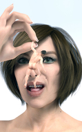 brunette short_hair shrunken_man dangle looking_up long_nails between_fingers no_background pinched digital_render gfsm lips_parted