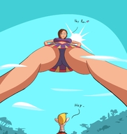 drawing giantess mega upskirt large_breasts long_hair brunette kim_possible heart looking_down dark_skin disney dialogue hands_on_hips ron_stoppable cheerleader_uniform bonnie_rockwaller