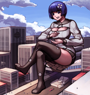 drawing giantess city color destruction blue_eyes handheld blue_hair short_hair sitting nylons senran_kagura on_palm gareit0 yozakura