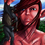 drawing long_hair red_hair dark_skin outdoors between_fingers red_skin pinched pointed_ears