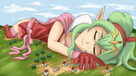 drawing giantess mega sleeping color green_hair lying_down houses closed_eyes fire_emblem giantwaifus tiki_(fire_emblem)
