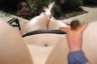 bikini breasts gentle collage barefoot cleavage lying_down shorts shrunken_man sunbathing blurry sfxhh3