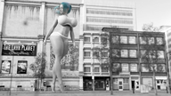 giantess city barefoot buildings blue_hair underwear street