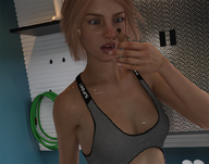 blonde long_hair cleavage surprised shrunken_man runswithferrets sports_bra digital_render garage