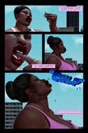 giantess vore comic black_hair handheld huge_breasts story open_mouth dark_skin hoop_earrings between_fingers brothervirgil panels pinched digital_render hair_bun