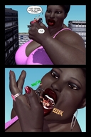 giantess vore comic black_hair handheld huge_breasts story open_mouth dark_skin hoop_earrings brothervirgil panels digital_render hair_bun