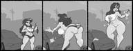 bikini drawing growth giantess pussy monochrome large_breasts long_hair butt grinning mini_giantess bending_over vehicles ripped_clothing washing panels car_wash soapy outgrowing_clothes