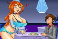 drawing color long_hair dinner cleavage huge_breasts smiling sitting amazon shorts heart food suit choker orange_hair looking_at_tiny bare_midriff