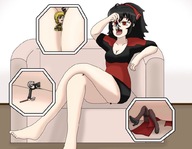 drawing black_hair color long_hair barefoot cleavage butt_crush raven sitting shrunken_people open_mouth dangle indoors between_fingers ruby hair_ribbon implied_vore pinched rwby ruby_rose yang_xiao_long low_cut between_breasts