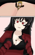 drawing blonde black_hair long_hair red_eyes raven gloves shrunken_woman no_background rwby yang_xiao_long between_breasts