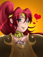 drawing gentle color large_breasts cleavage green_eyes red_hair heart shrunken_man necklace looking_at_tiny rwby between_breasts