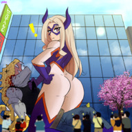 gentle giantess pussy city blonde long_hair butt buildings squatting animation monster standing dancing onlookers shaven legs_spread photographers my_hero_academia mt._lady exhibition lyotanc