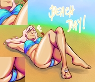 bikini drawing gentle blonde color long_hair butt beach barefoot cleavage lying_down between_legs shrunken_man sunbathing multiple_men hollewdz