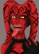 tongue mouth teeth saliva demoness shrunken_woman open_mouth looking_at_victim implied_vore digital_render giantwaifus