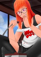 drawing color glasses purple_eyes red_hair sitting shrunken_man teasing looking_at_tiny videogames gtsleuth futaba_sakura persona_5 ren_amamiya