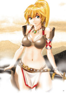 drawing blonde color blue_eyes cleavage bra skirt ponytail weapon necklace bikuta bare_midriff shoulder_pads standing_on_giantess