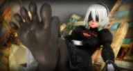 white_hair cleavage stockings dress short_hair sitting foot_crush blindfold digital_render nier_automata 2b karkaterium