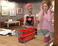 blonde jeans pink_hair bus shrunken_man purse sweater