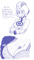 drawing blushing monochrome large_breasts clothed bra sweat gloves short_hair shrunken_man looking_down inside_clothing dialogue persona_4 persona arms_folded unusual_pupils between_breasts yu_narukami heart_pupils elizabeth_(persona) emmacat64
