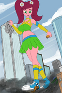 drawing giantess city color destruction handheld skirt green_eyes ponytail foot_crush school_bus uniform walking running looking_down smoke converse bystanders vehicle_crush colonel-gabbo bare_midriff