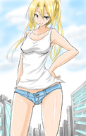 drawing giantess city blonde color large_breasts long_hair twintails hand outdoors top 灯