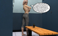 topless smiling story pink_hair sitting medium_length_hair shrunken_man looking_down indoors dialogue digital_render capris aaabbbzzz