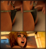 panties blonde butt brunette elf short_hair surprised shrunken_woman entrapment falling voluptuous freckles inside_clothing panty_entrapment buttcrack pointed_ears digital_render opal