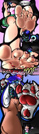 drawing feet furry tail anthro upskirt black_hair blue_eyes barefoot blood low_angle smiling husky paws foot_crush fur teasing cat_girl point_of_view glowing mspaintgts inkling triston reversal power_play power_dynamics