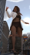 giantess city mega destruction barefoot cleavage buildings brunette street legs belly scientist sky point_of_view ripped_clothing lab_coat street_view digital_render amgipi bare_midriff