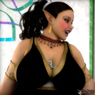 giantess large_breasts cleavage princess goddess smiling elf entrapment lipstick jewelry voluptuous freckles makeup olympia digital_render ashkiiwolf