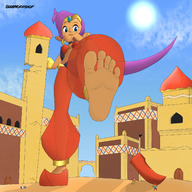 drawing giantess color destruction blue_eyes barefoot purple_hair ponytail raised_foot shantae half-genie
